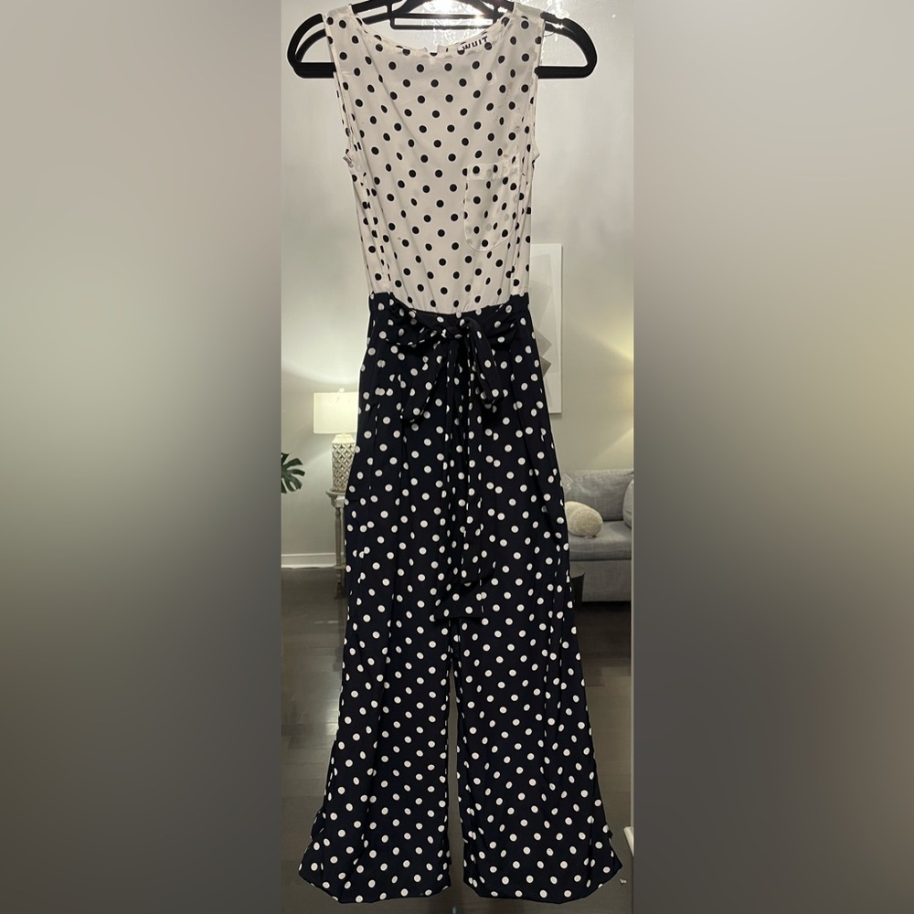 Anthropologie Blue Dot Jumpsuit with waist ties